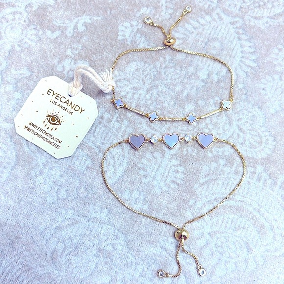 Brand New Eye Candy Set of 2 Gold Tone Adjustable Bracelets Hearts Clovers - Picture 12 of 13